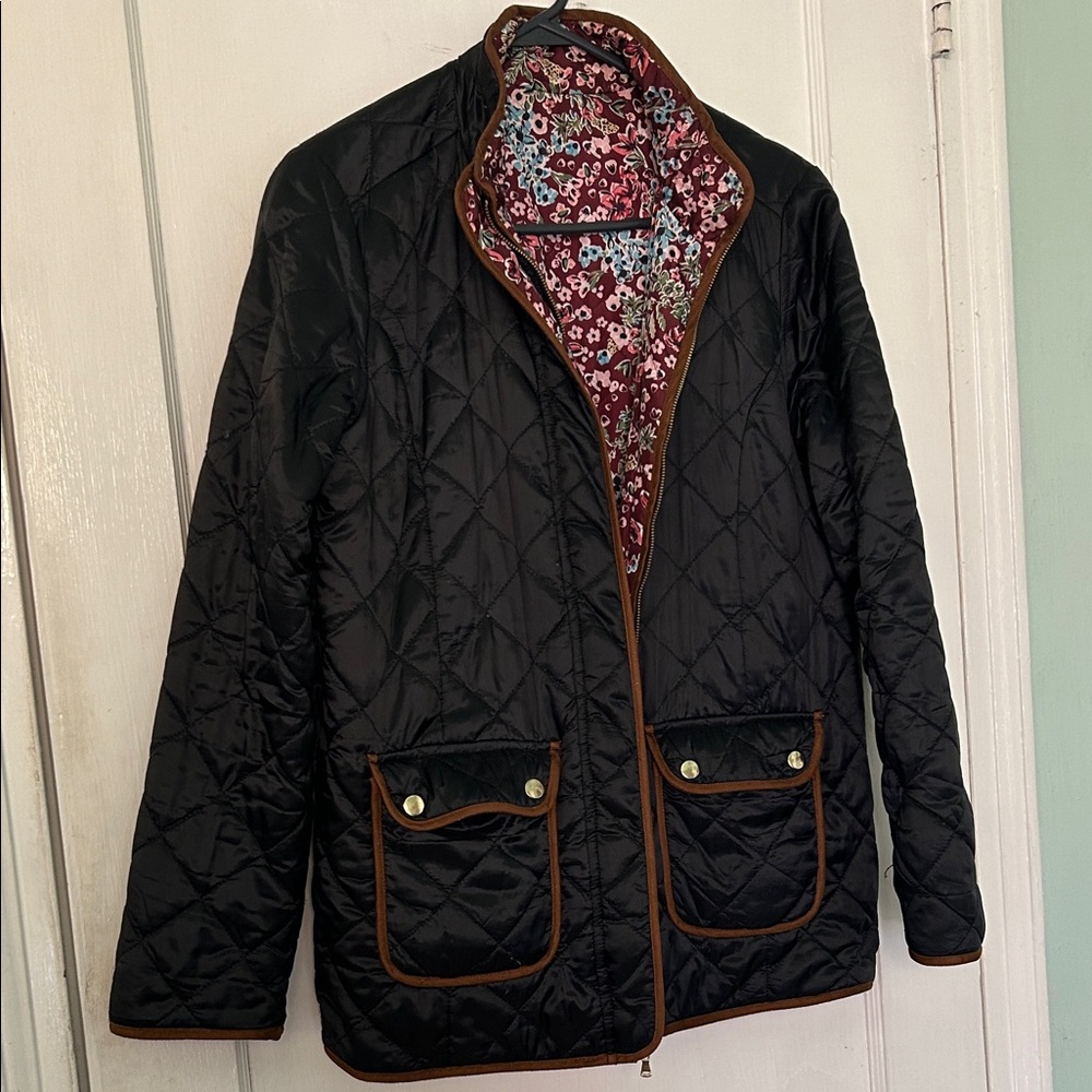 Rafaella Black Quilted Jacket with Tan Trim